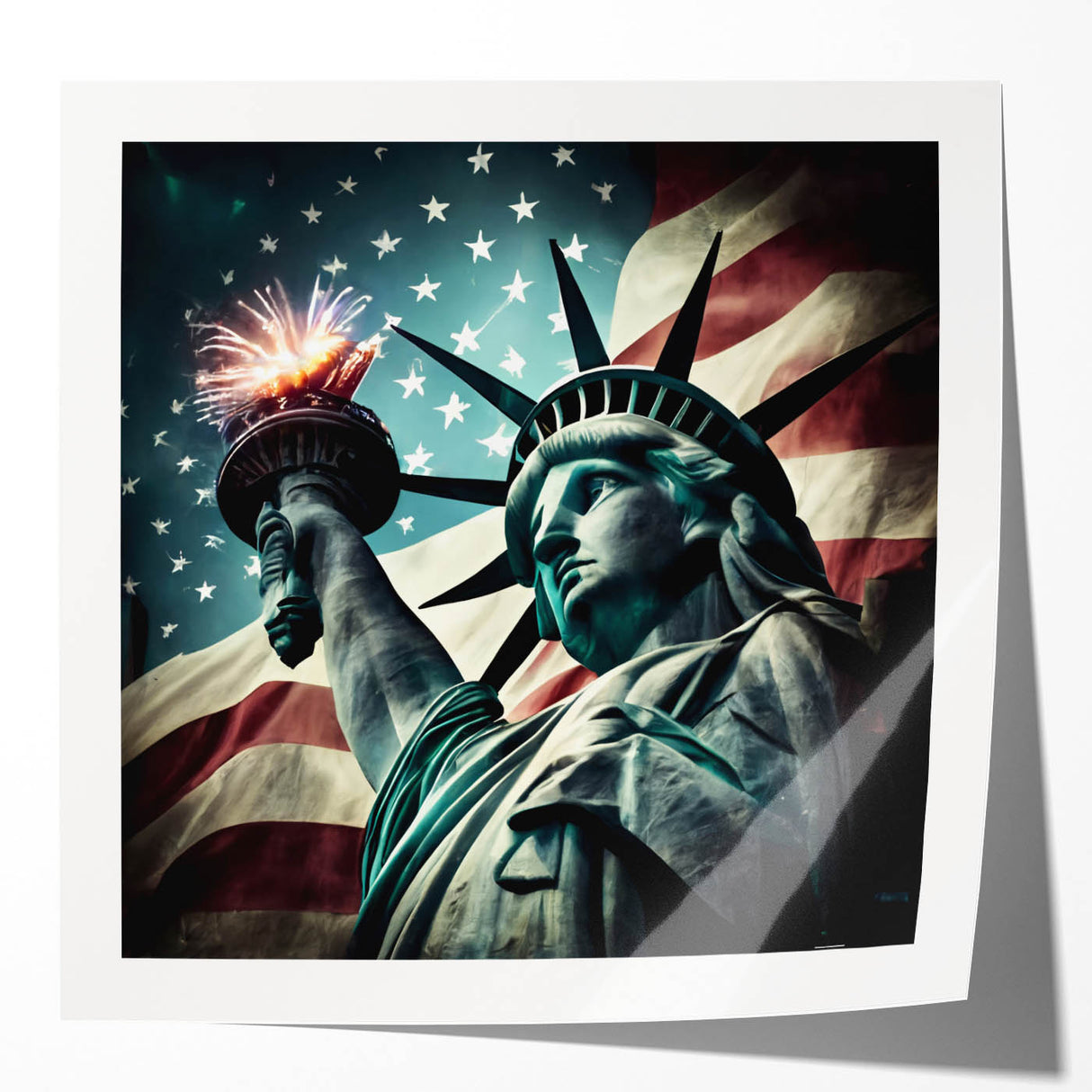 Extra large rolled print of the Statue of Liberty in muted green and blue tones, ideal for dining room wall art.