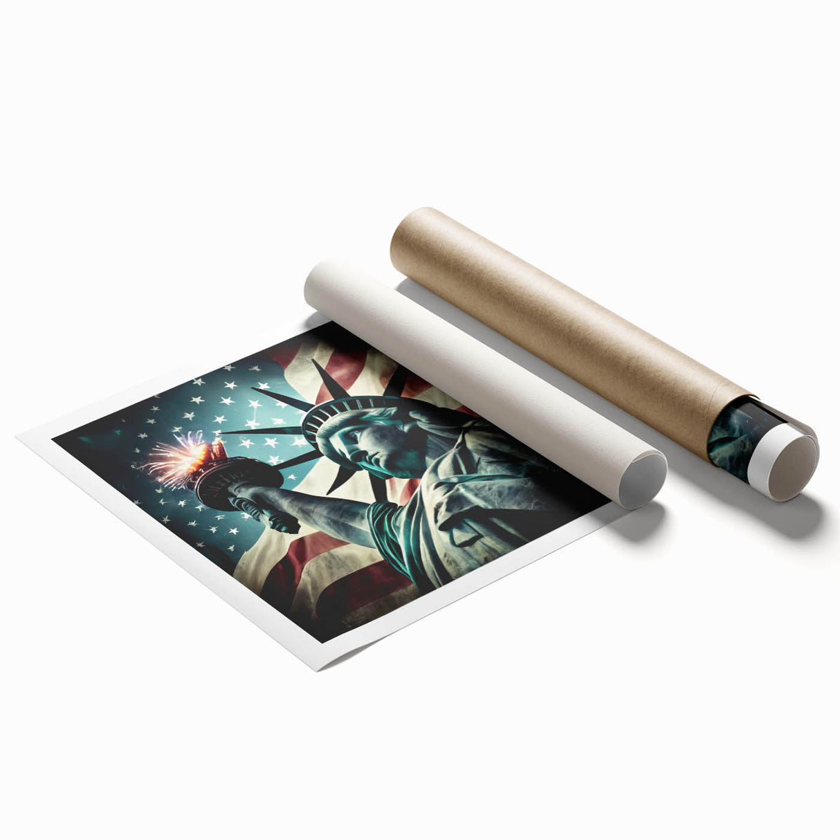 Extra large rolled print of the Statue of Liberty with a floral background in pastel shades.