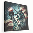 Large canvas print of the Statue of Liberty in muted green and blue tones, suitable for kitchen wall art.