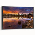 Black and white wall art featuring a vintage-style landscape of Portland, Oregon on a framed canvas, ideal for bedroom decor.