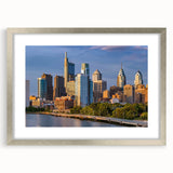 Textured abstract art print of Philadelphia skyline in muted gray tones on a framed canvas, suitable for bedroom art.