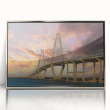 Mid-century modernist art depicting Charleston, South Carolina, in muted earth tones on a silver-framed acrylic print.