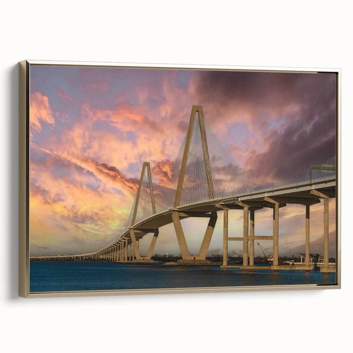 Framed canvas of a vintage-style Charleston landscape with black and gold tones, ideal for bedroom wall art.