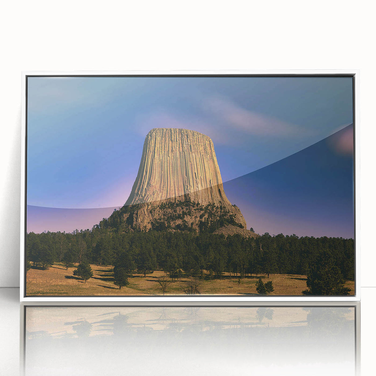 Acrylic print of South Dakota Badlands in muted earth tones, framed in white, suitable for modern art wall decor.