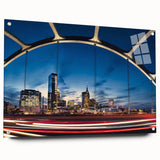 Acrylic print of Nashville skyline in muted evening colors, suitable for bedroom or dining room decor.
