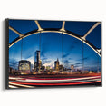 Black and white framed canvas of Nashville skyline, ideal for bedroom wall art with a vintage poster art style.