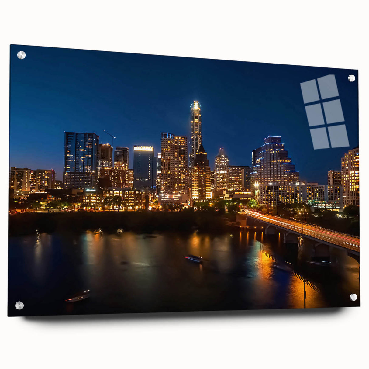 Large abstract depiction of Austin, Texas on acrylic glass, using muted earth tones, ideal for dining room decor.