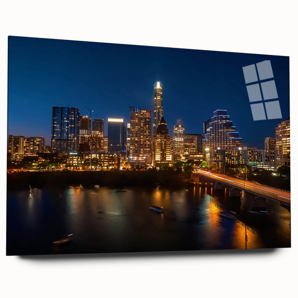 Large abstract wall art depicting the Austin, Texas skyline in muted earth tones on acrylic glass.