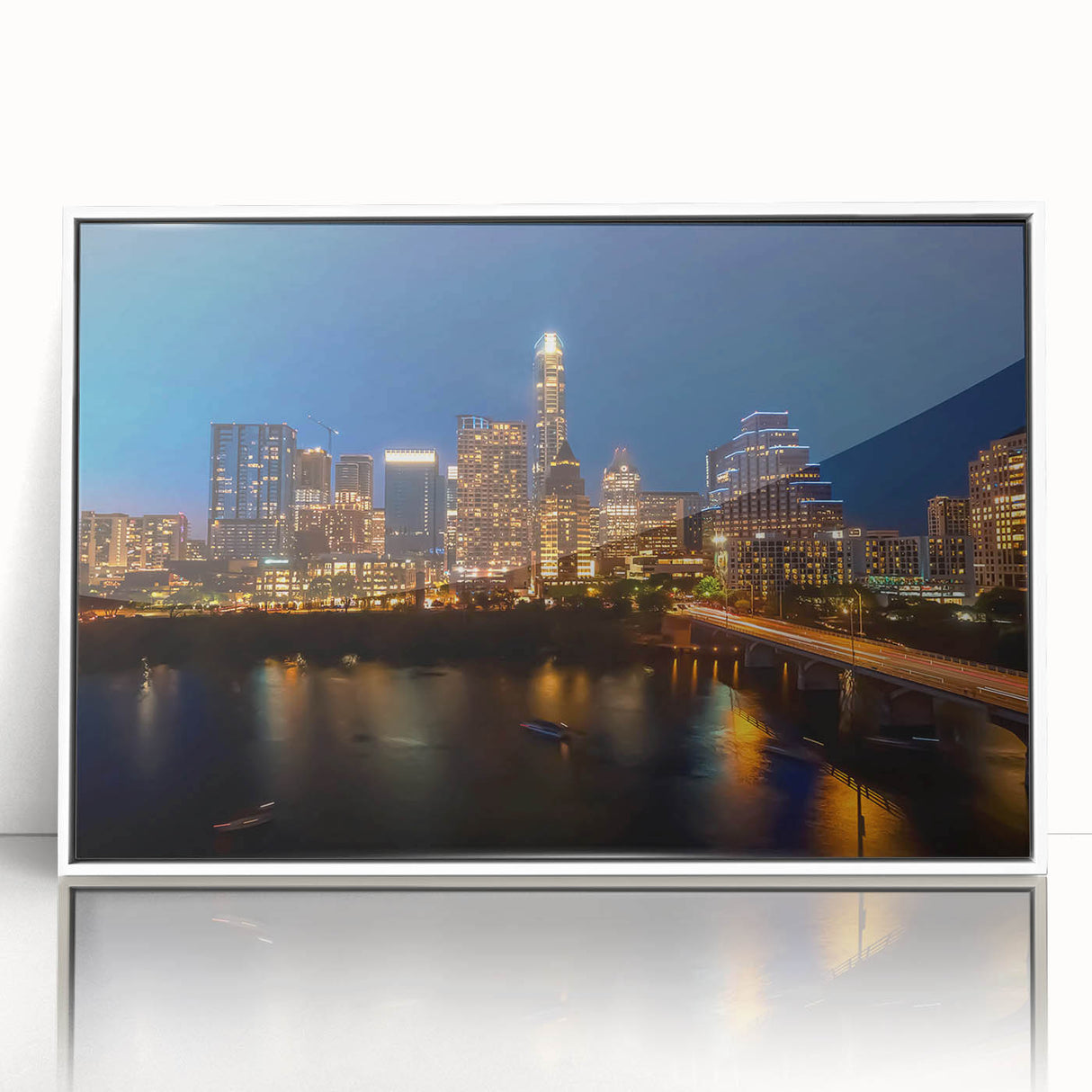 Acrylic print of Austin, Texas skyline in art deco style with muted blue and white tones, ideal for modern art wall decor.