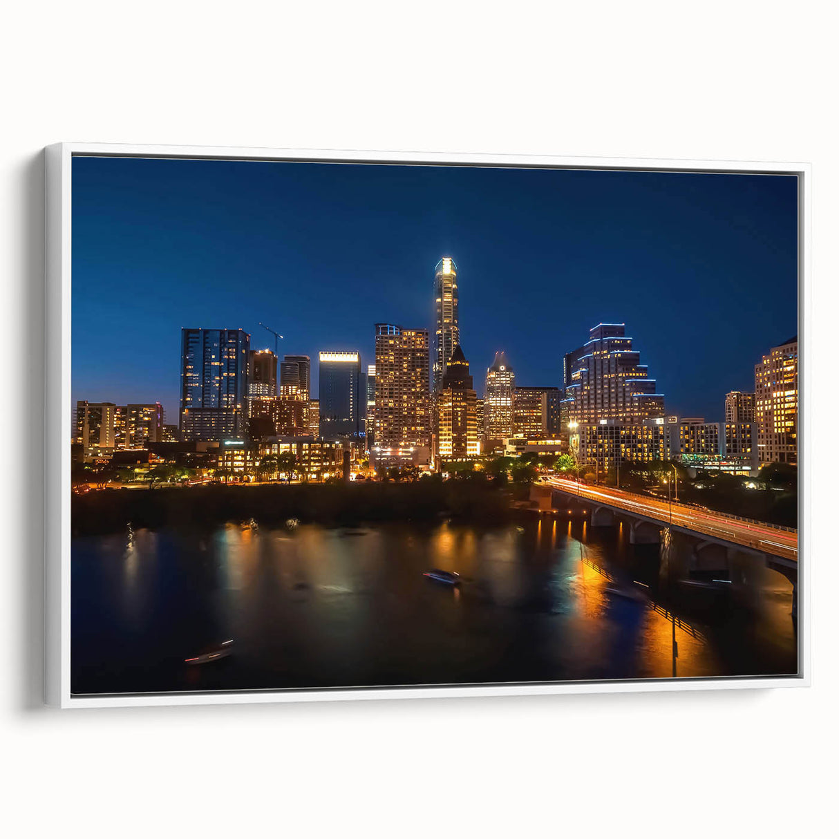 Vintage poster art of Austin, Texas on extra-large framed canvas, featuring colorful elements against a black background.