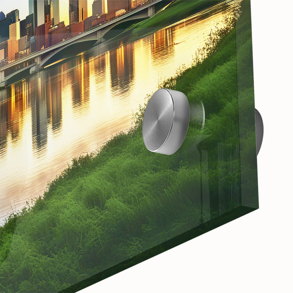Large abstract depiction of Dallas skyline in muted earth tones on acrylic glass, suitable as dining room art.