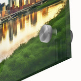 Large abstract depiction of Dallas skyline in muted earth tones on acrylic glass, suitable as dining room art.