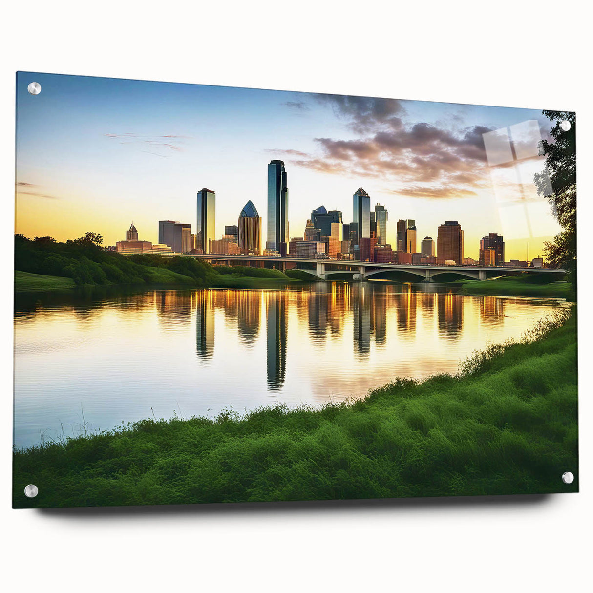 Acrylic glass print of Dallas skyline in muted blue and gray hues, suited for bedroom or dining room decor.