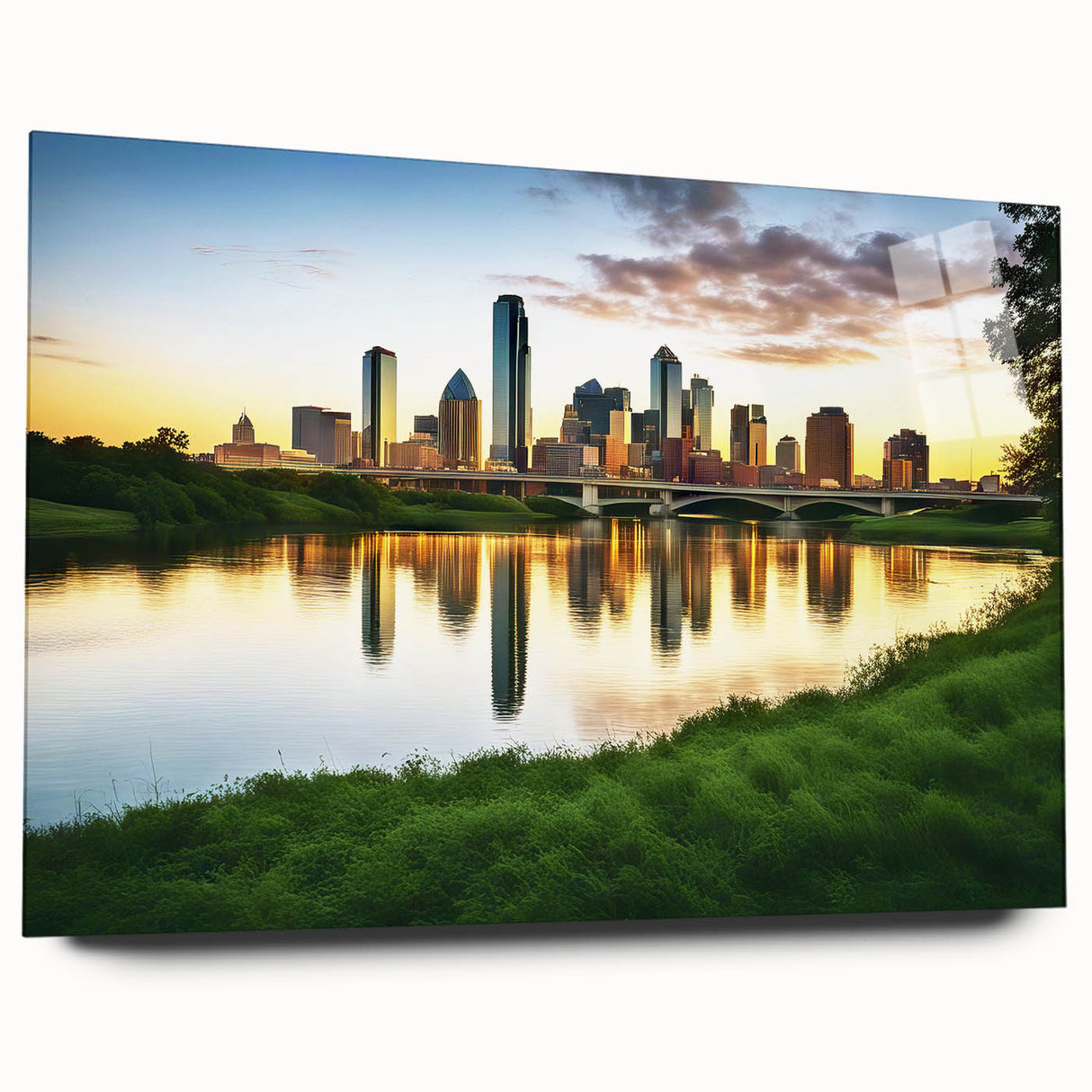 Large abstract depiction of the Dallas skyline in muted blues and grays on acrylic glass.