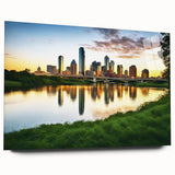 Large abstract depiction of the Dallas skyline in muted blues and grays on acrylic glass.