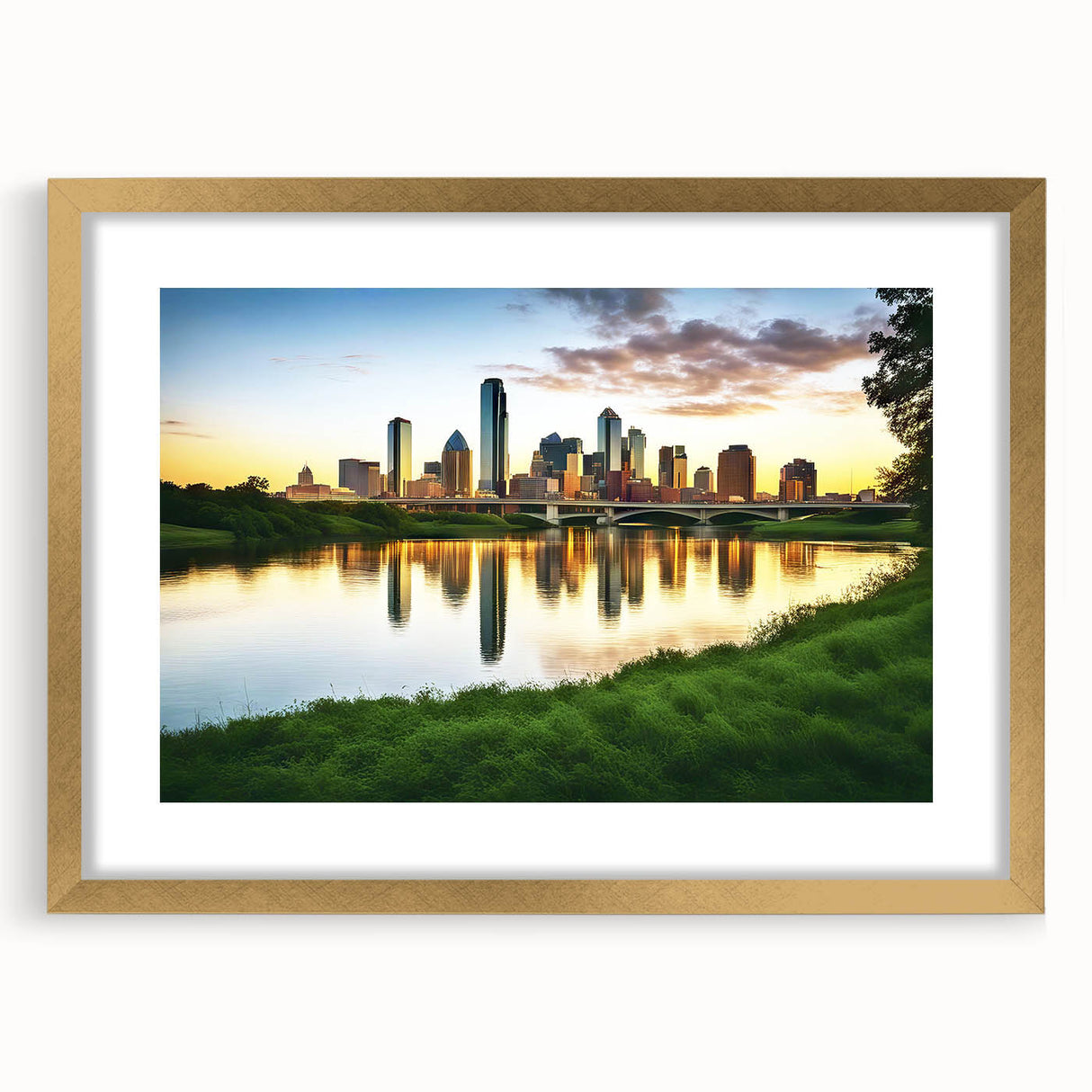 Extra large abstract art print of Dallas skyline in gold frame with textured details, ideal for living room decor.