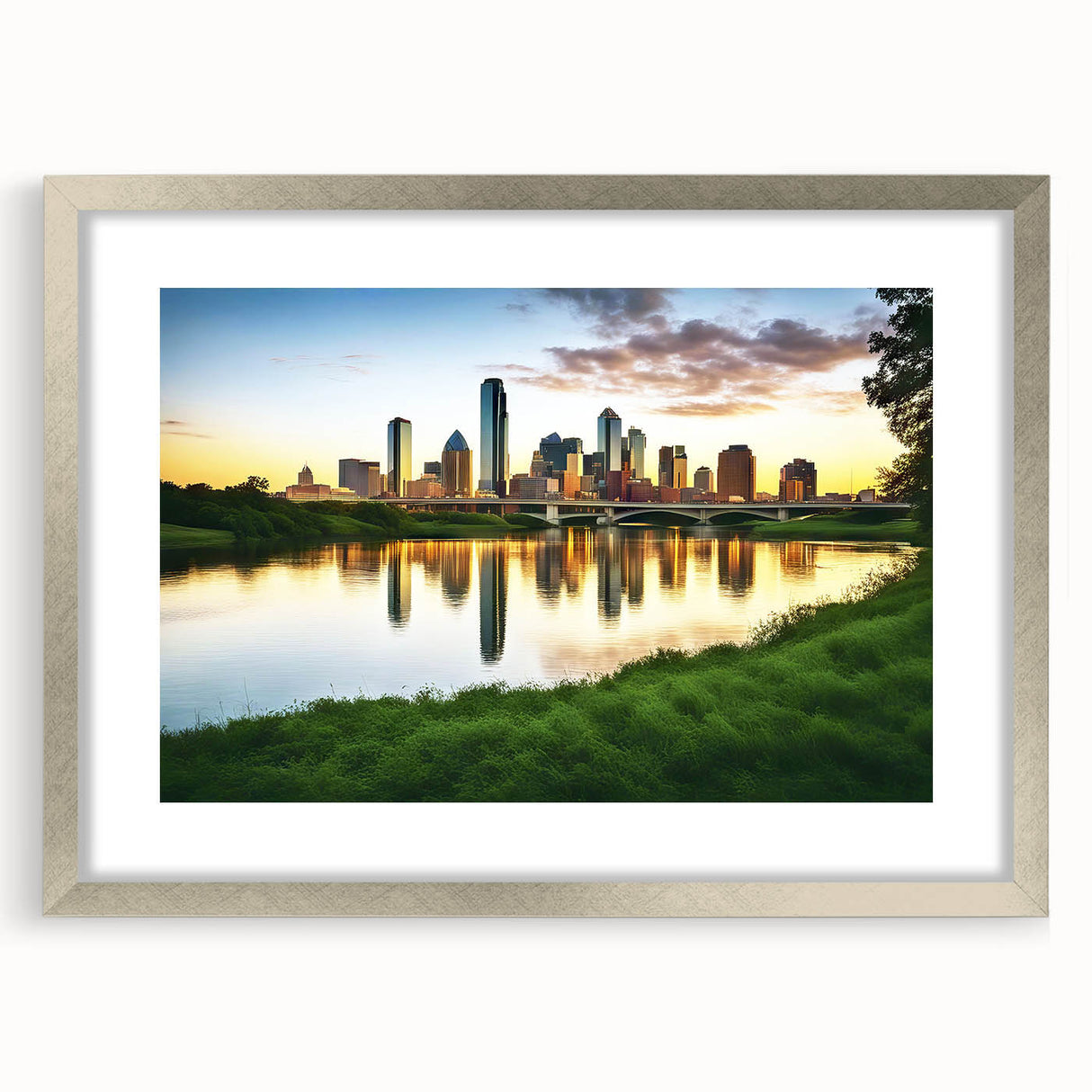 Textured abstract art print depicting the Dallas skyline in muted grays and blues, framed in silver.
