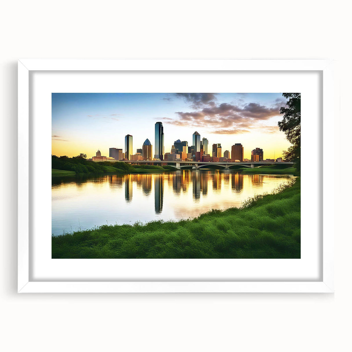 Abstract art print of Dallas skyline in muted blue and gray tones on a white framed mat, ideal for dining room décor.