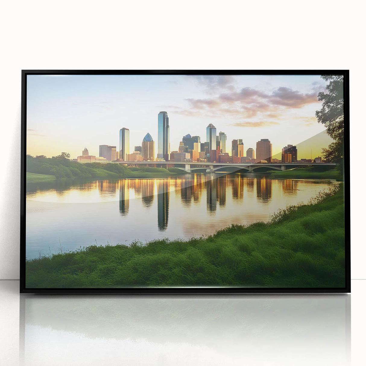 Large abstract wall art of Dallas skyline in black and white, framed acrylic, ideal for modern art wall decor.