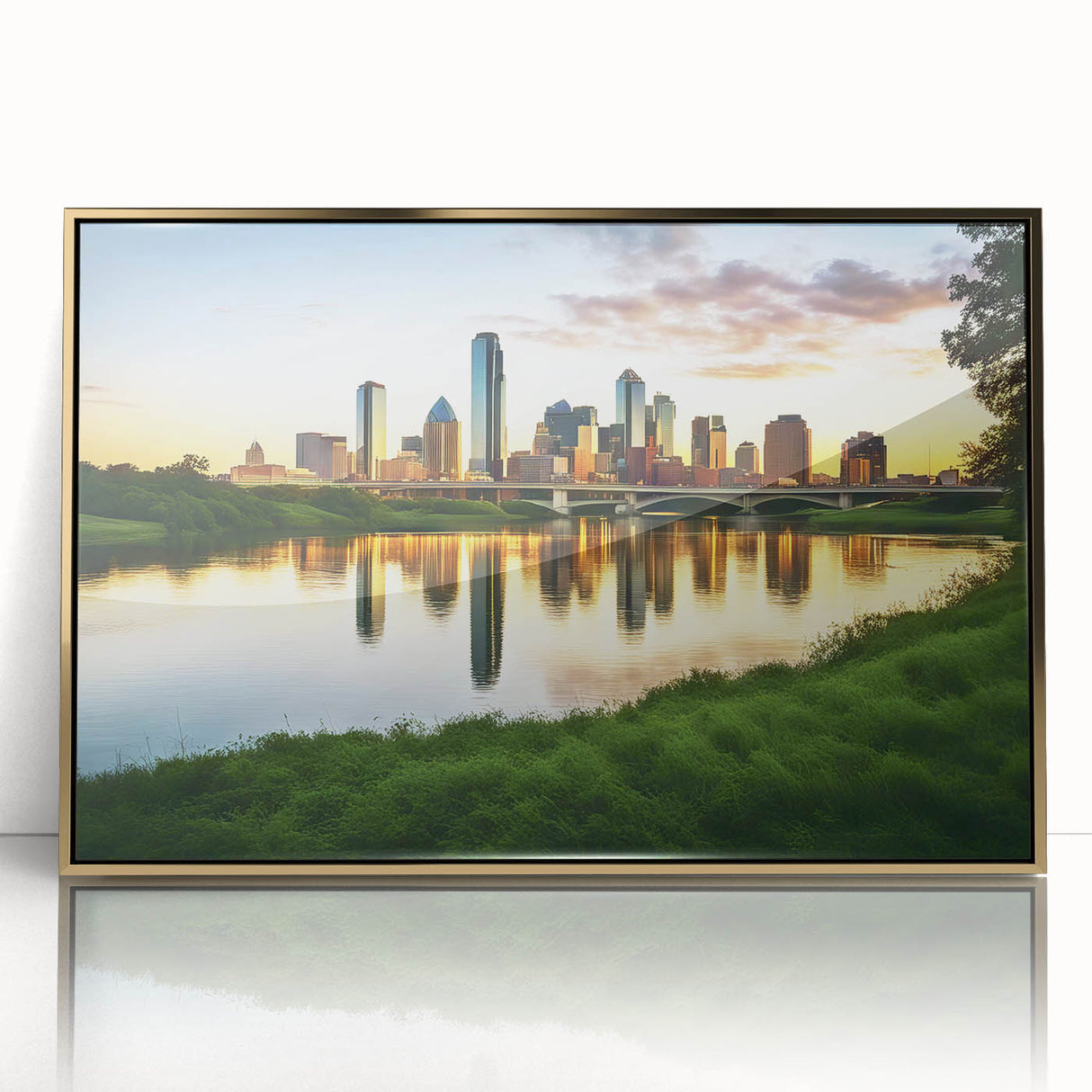 Large art print of Dallas skyline in muted gold and blue tones on acrylic, framed, in a mid-century modernist style.