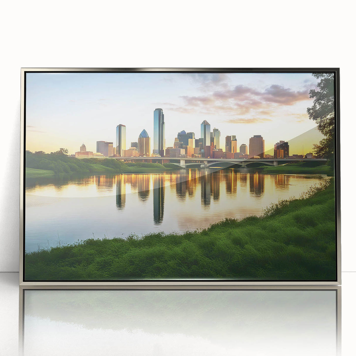 Mid-century modernist art depicting the Dallas skyline in muted silver tones on a framed acrylic print.