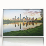 Framed acrylic print of Dallas skyline in art deco style, featuring cool gray and blue tones.