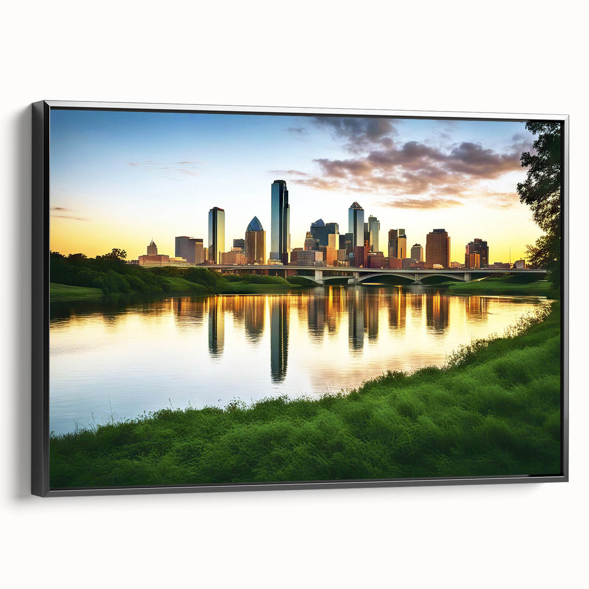 Vintage poster art of Dallas skyline, featuring vibrant colors on black framed canvas, ideal for living room decor.