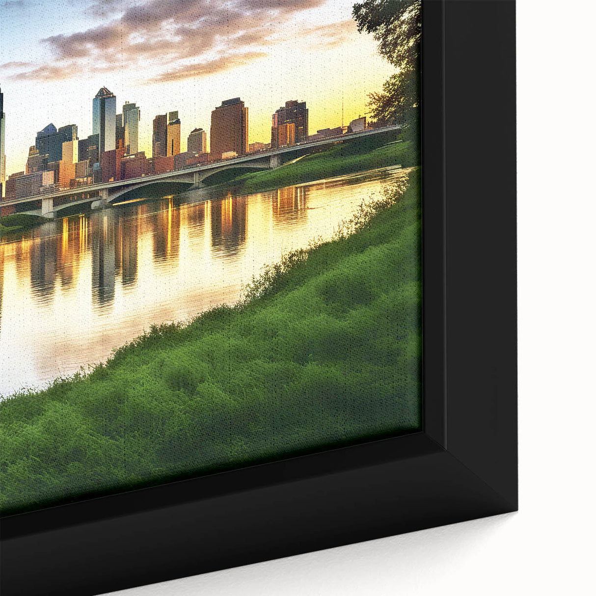Framed canvas featuring a textured depiction of the Dallas skyline in black with colorful accents.