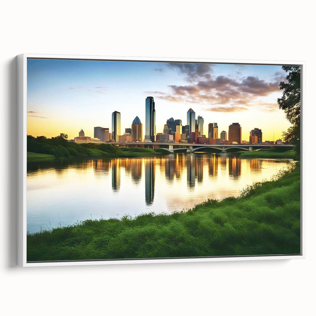 Framed canvas featuring a colorful Dallas landscape with vintage poster art style, ideal for living room decor.