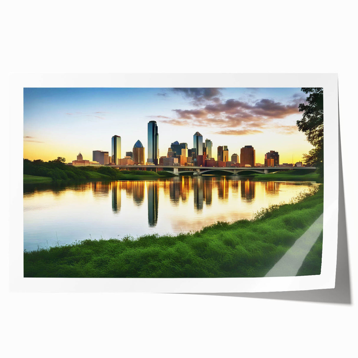 Dallas skyline in muted blue and gray tones on a large rolled canvas, suitable for dining room or bathroom wall art.