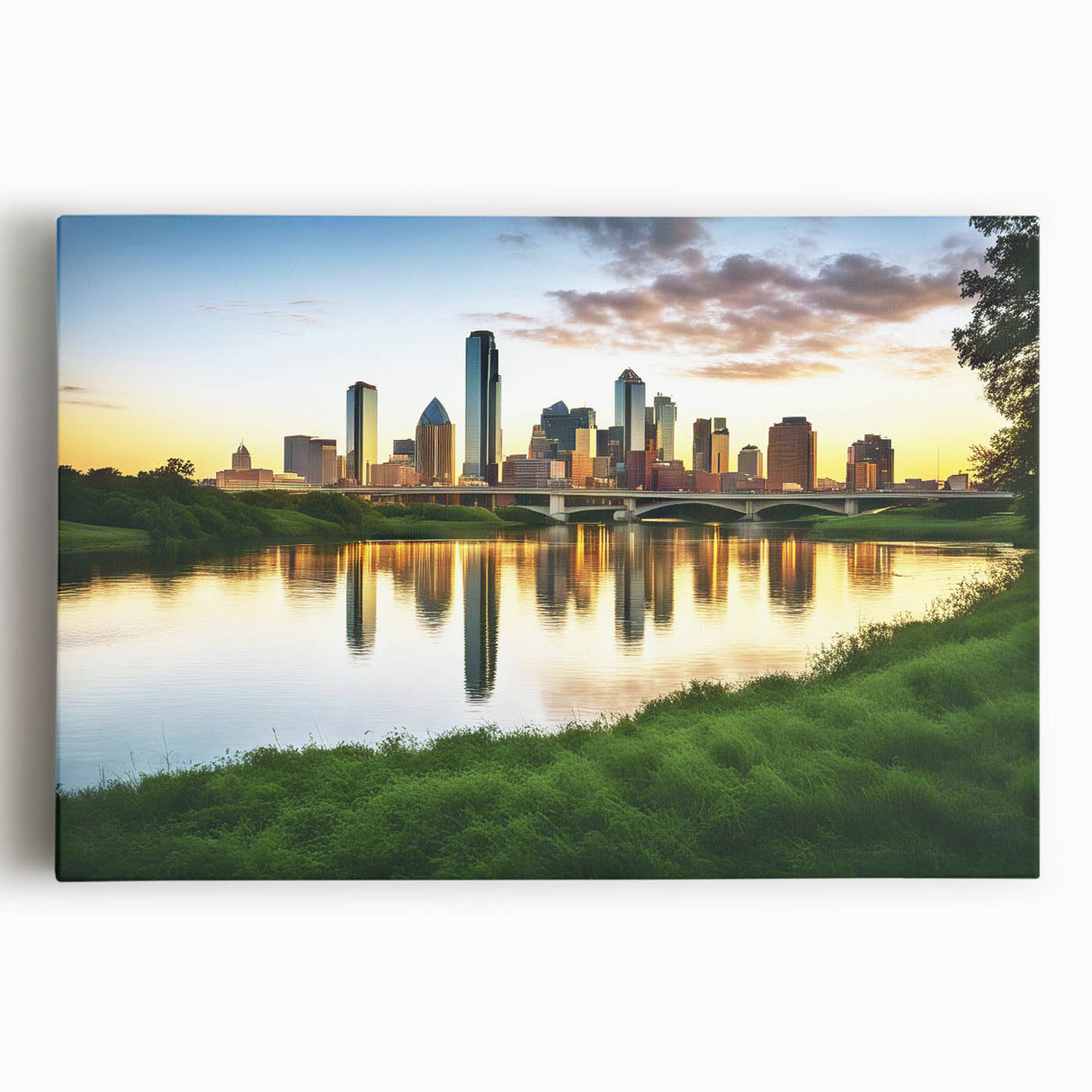 Black and white stretched canvas of Dallas skyline, suitable as large kitchen wall art.