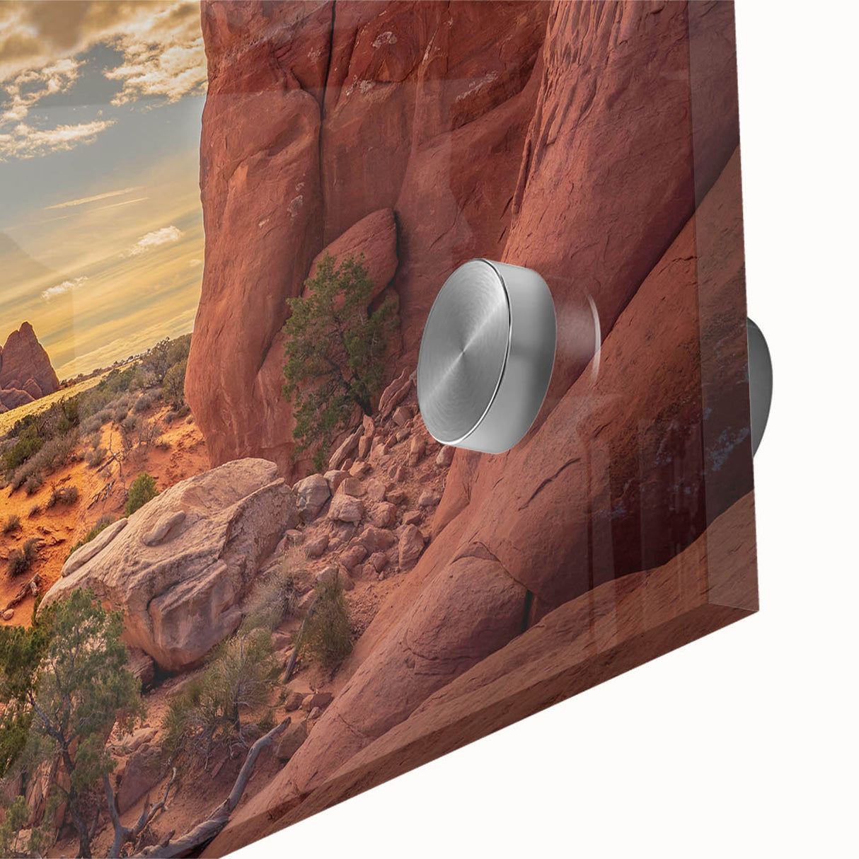 Mid-century modernist large abstract art of Arches National Park in muted earth tones on acrylic glass.