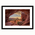 Extra large abstract art print of Utah Arches in vibrant colors on textured canvas, framed in black.