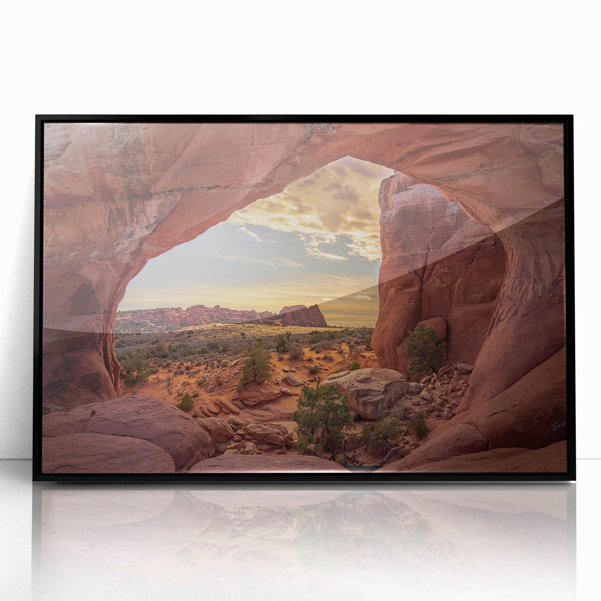 Large abstract wall art depicting Arches National Park in muted earth tones on a framed acrylic.