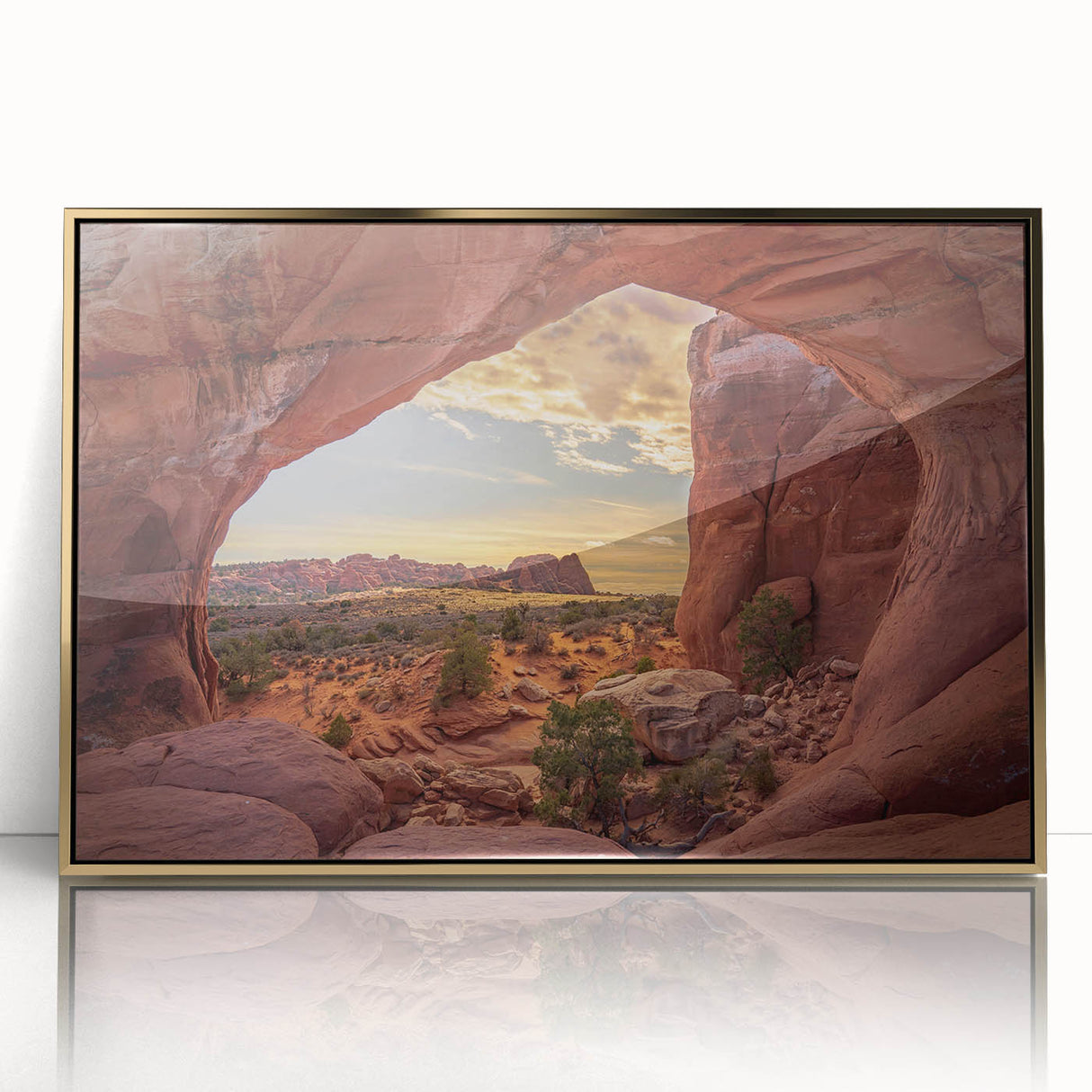 Framed acrylic print of Arches National Park in Utah, featuring earthy red and blue tones, ideal for modern art wall decor.
