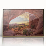 Framed acrylic print of Arches National Park in Utah, featuring earthy red and blue tones, ideal for modern art wall decor.