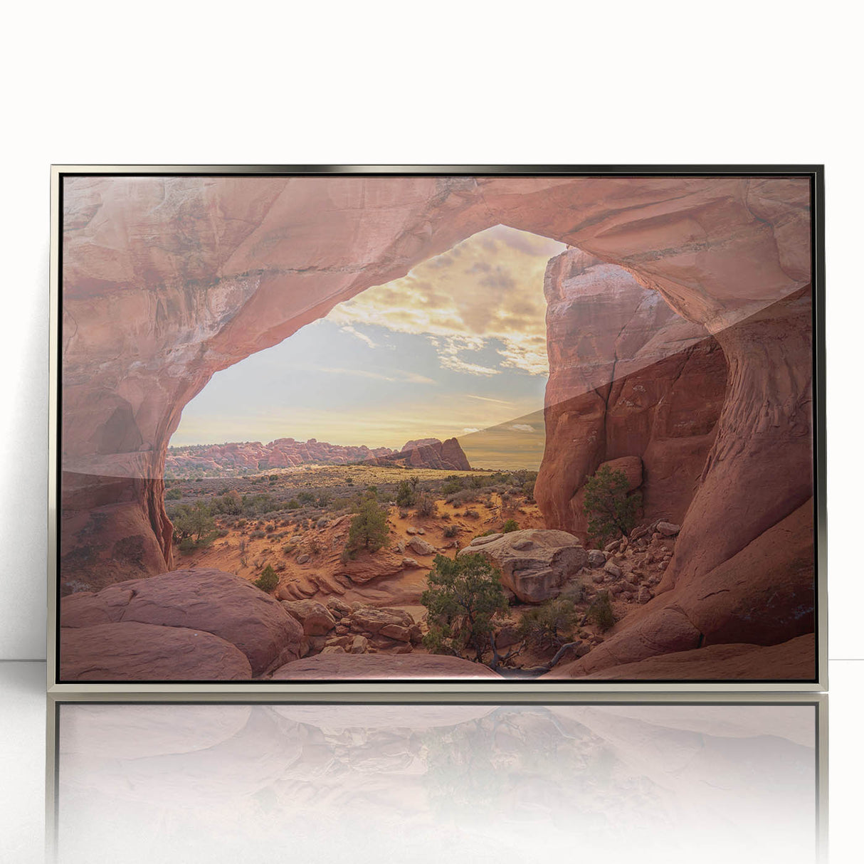Mid-century modernist art of Utah Arches in muted earth tones, silver-framed acrylic print, suitable for nursery wall art.