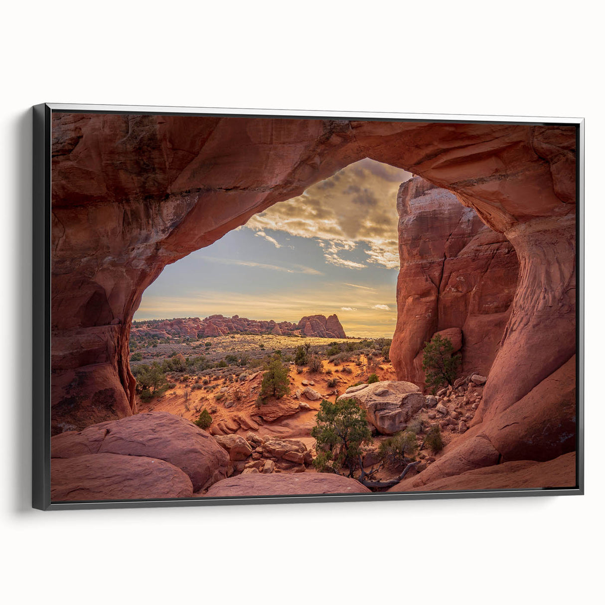 Black and white framed canvas depicting Arches National Park, ideal for bedroom wall decor.