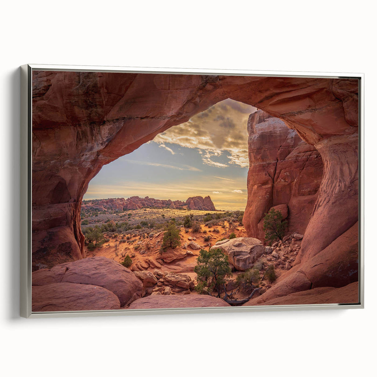 Framed canvas landscape art painting featuring Arches National Park in Utah, with vibrant red and orange tones.
