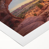 Art deco poster of Arches National Park in muted earth tones on rolled canvas, ideal for dining room wall art.