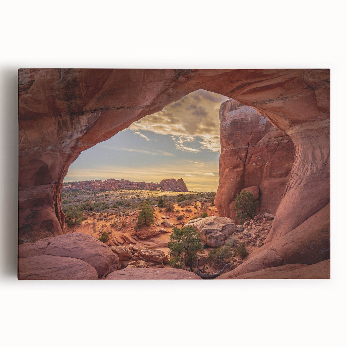 Black and white photograph of Arches National Park on stretched canvas, ideal for kitchen wall art.