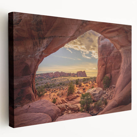 Arches National Park landscape on large stretched canvas, featuring natural red and orange rock formations.