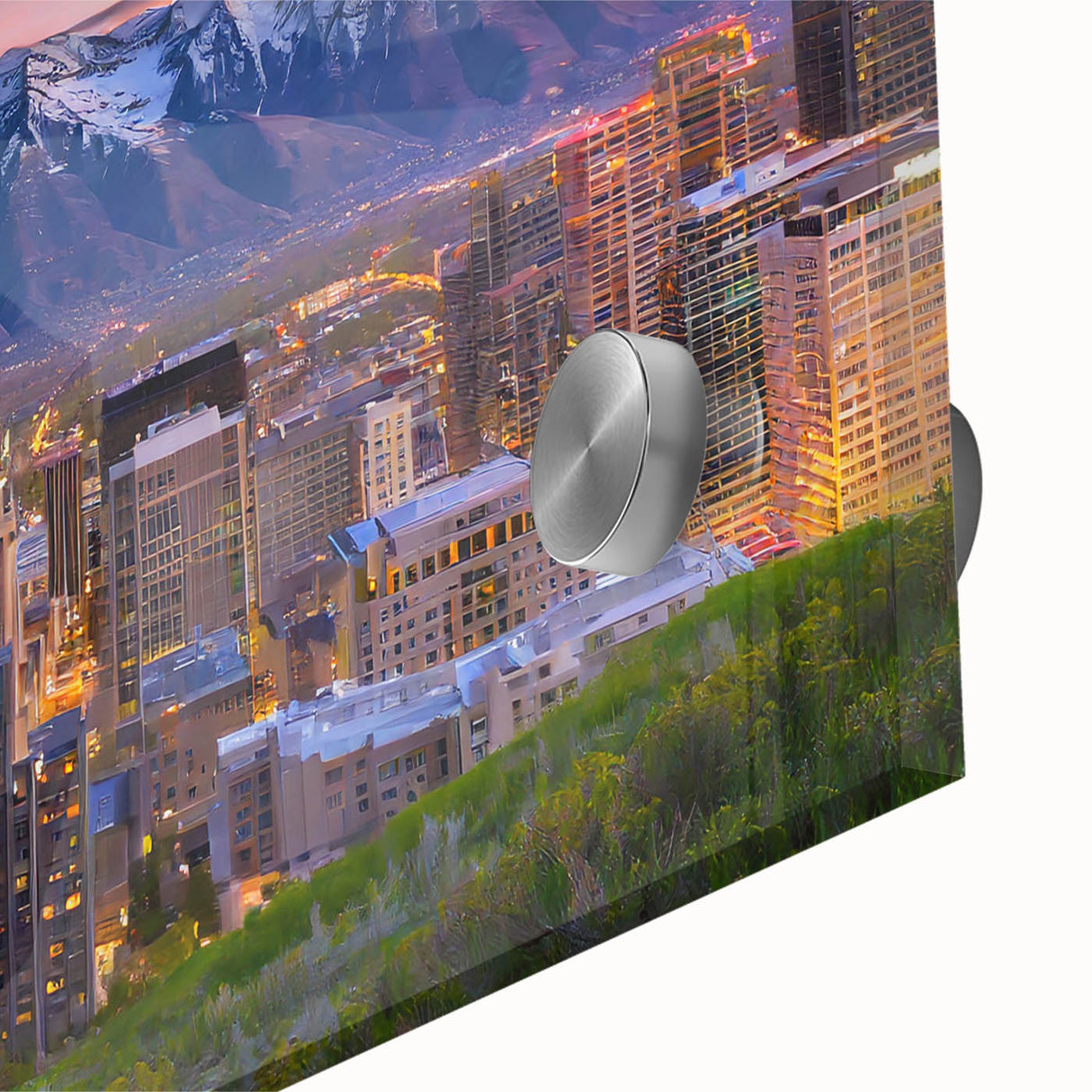 Large abstract depiction of Salt Lake City in muted earth tones on acrylic glass, suitable for dining room art.