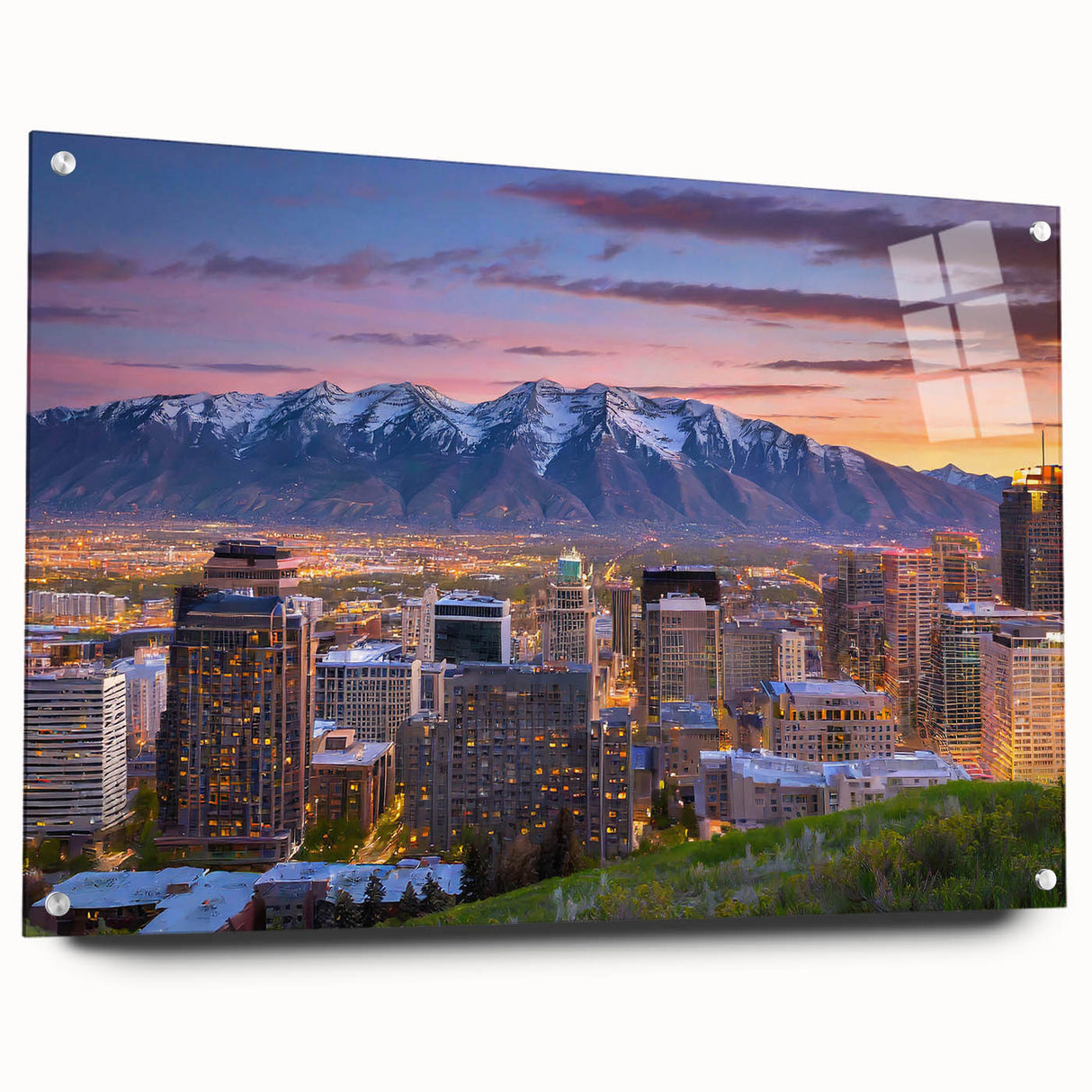 Acrylic print of Salt Lake City with vivid blue and green tones, ideal for dining room decor.