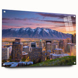 Acrylic print of Salt Lake City with vivid blue and green tones, ideal for dining room decor.