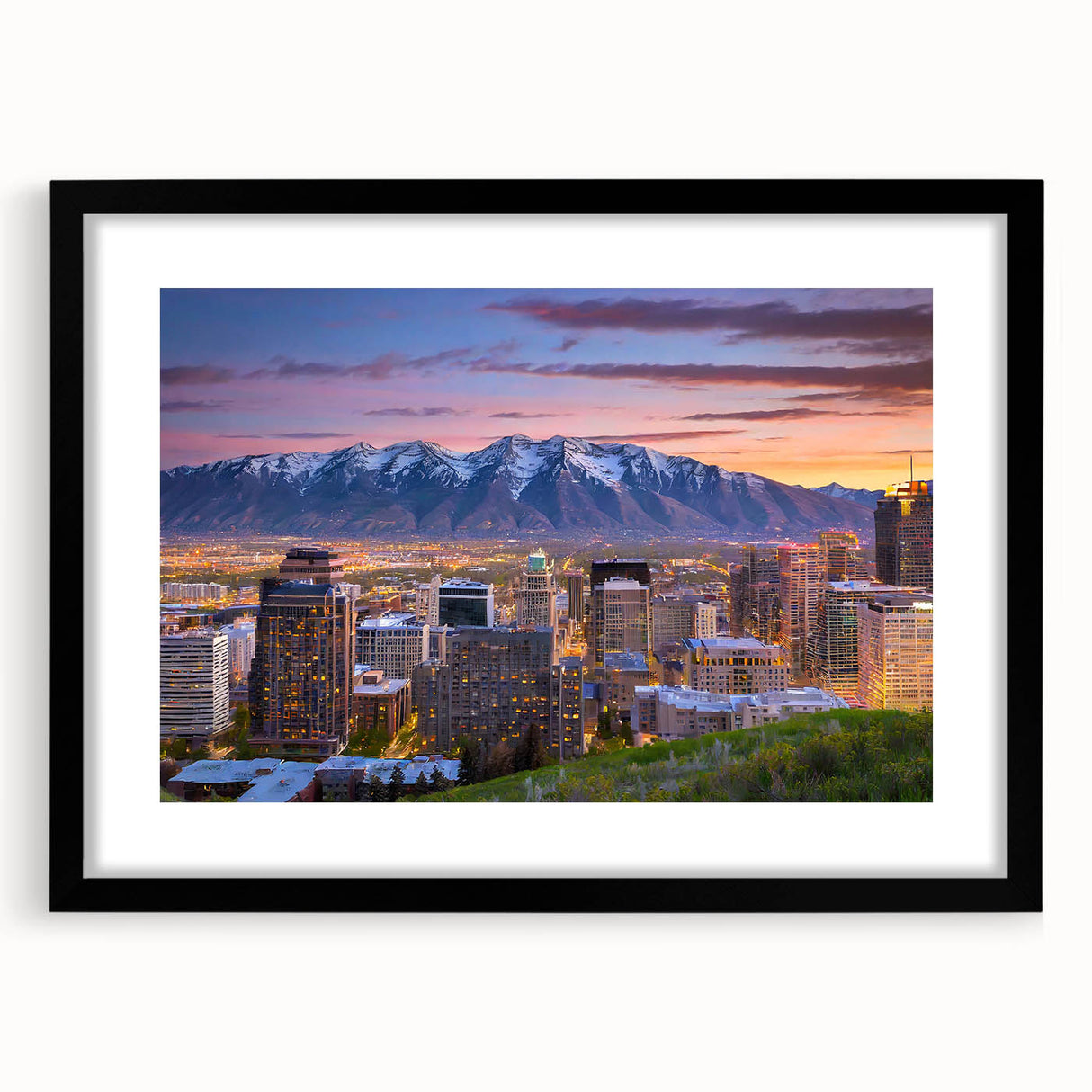 Abstract art print of Salt Lake City in colorful textured style on a large black-framed canvas.