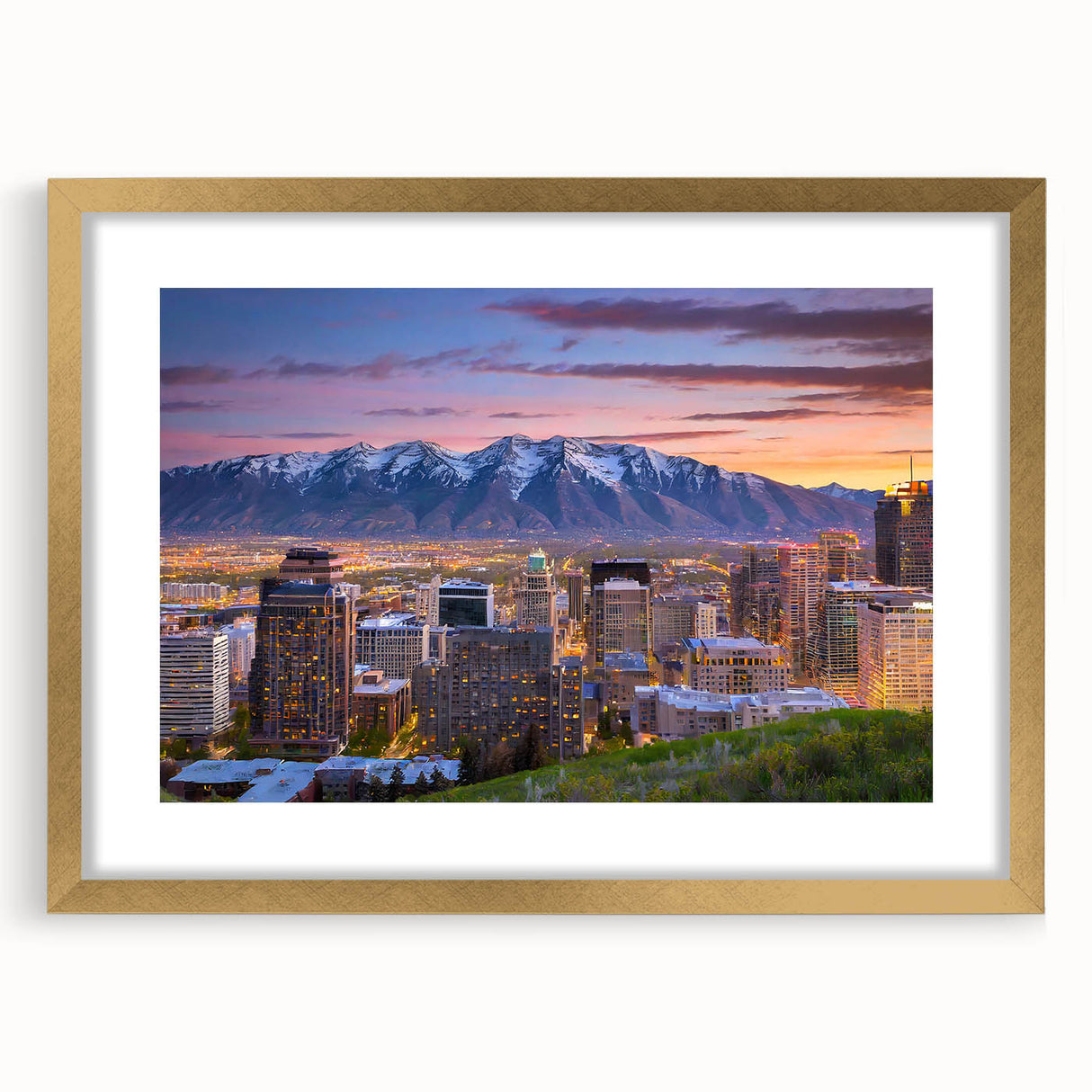Extra large abstract art print of Salt Lake City, in muted earth tones on a textured canvas, framed in gold.
