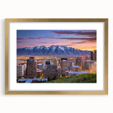 Extra large abstract art print of Salt Lake City, in muted earth tones on a textured canvas, framed in gold.