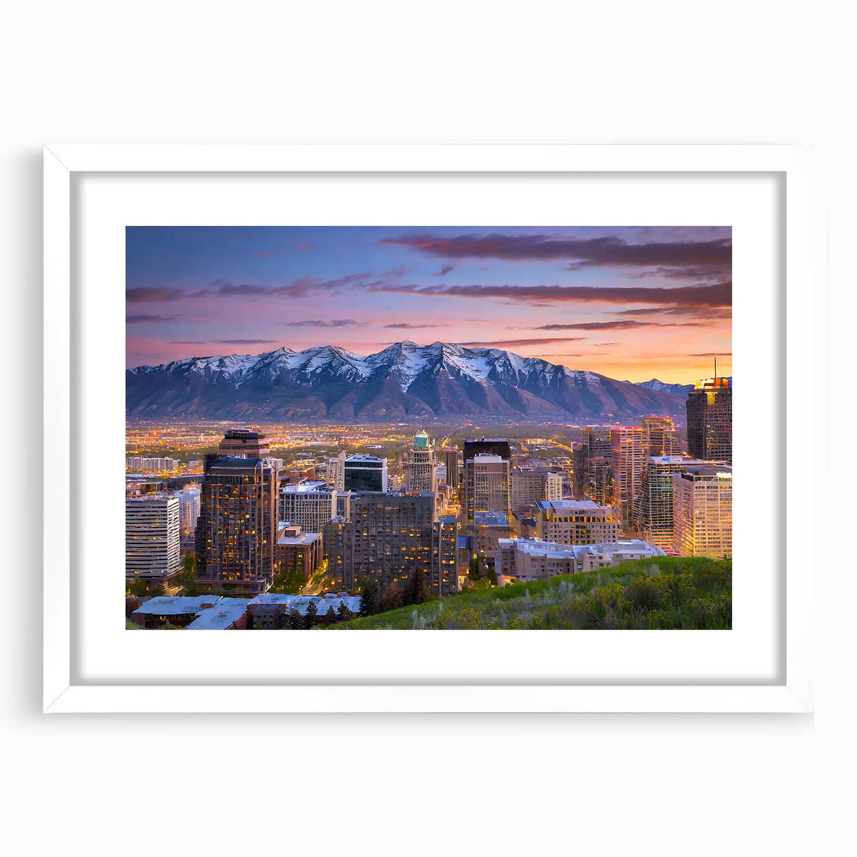 Abstract art print of Salt Lake City with muted blue and gray tones on a white framed mat, suitable for dining room decor.
