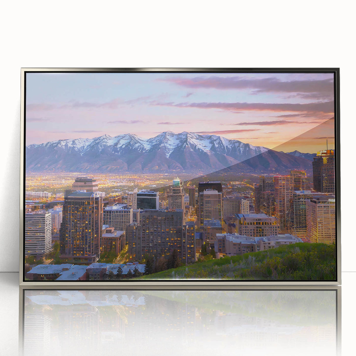 Mid-century modernist art depicting Salt Lake City in muted earth tones on a silver-framed acrylic print.